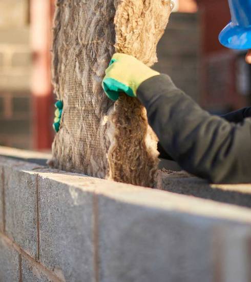 Constructor haciendo un muro con ladrillos ecológicos de hempcrete